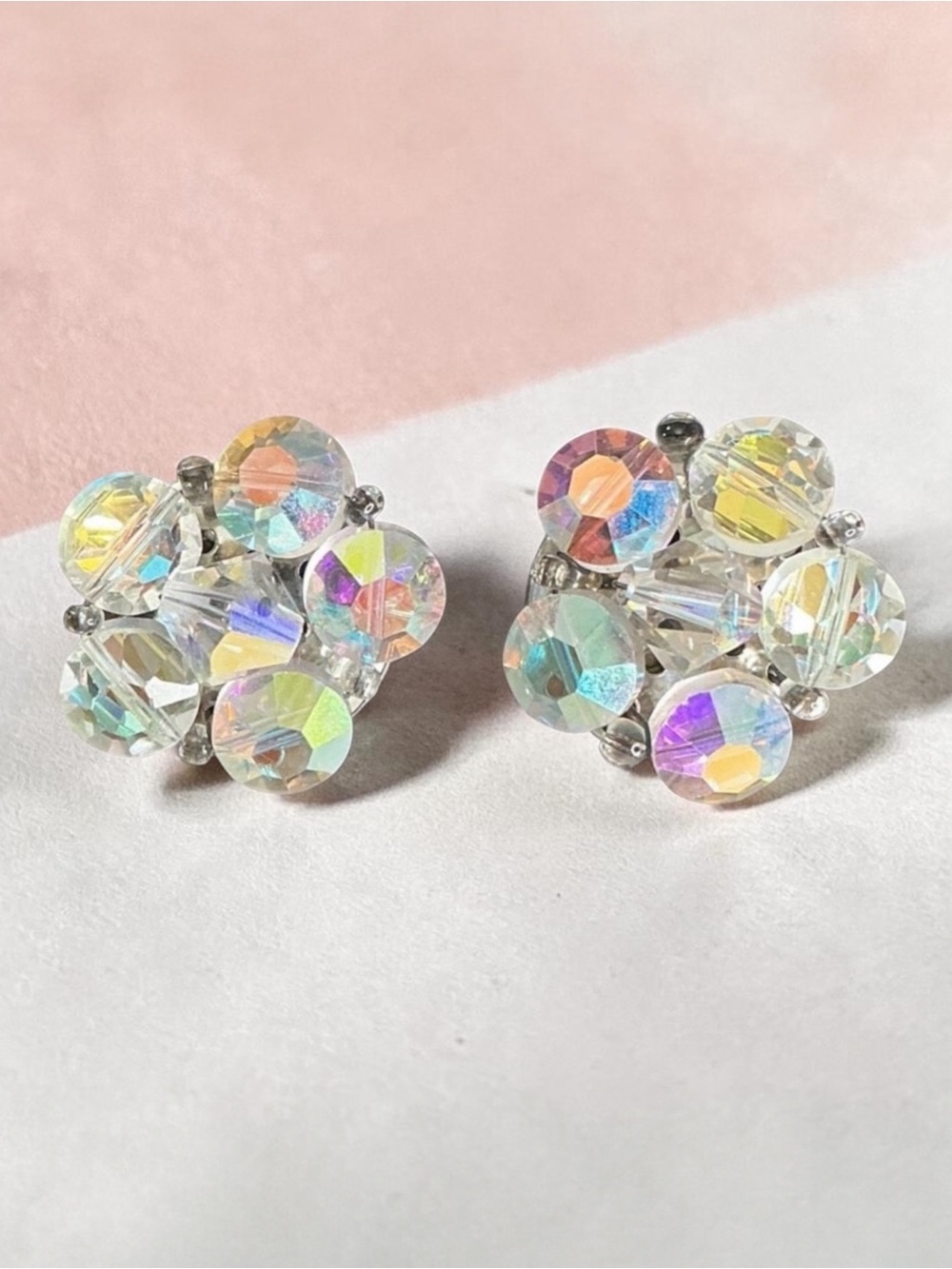 Vintage Iridescent Aurora Borealis Beaded Crystal Cluster Clip On Earrings